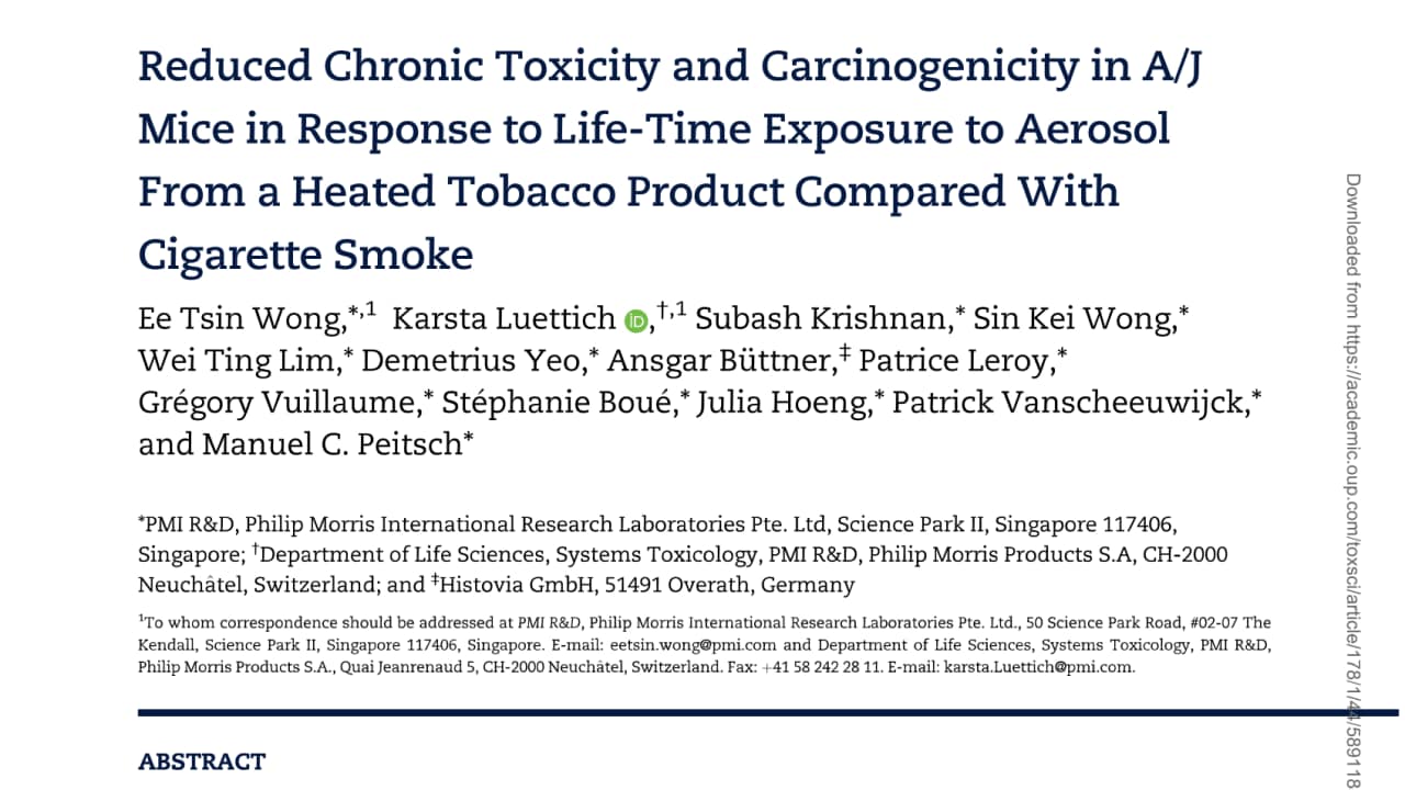 Reduced chronic toxicity and carcinogenicity in A/J mice in response to life-time exposure to aerosol from a heated tobacco product compared with cigarette smoke