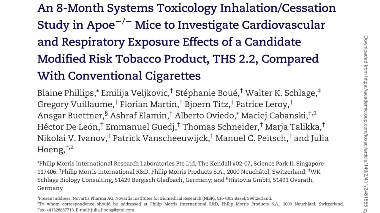 An 8-month systems toxicology inhalation/cessation study in Apoe−/− mice to investigate cardiovascular and respiratory exposure effects of a candidate Modified Risk Tobacco Product, THS 2.2, compared with conventional cigarettes