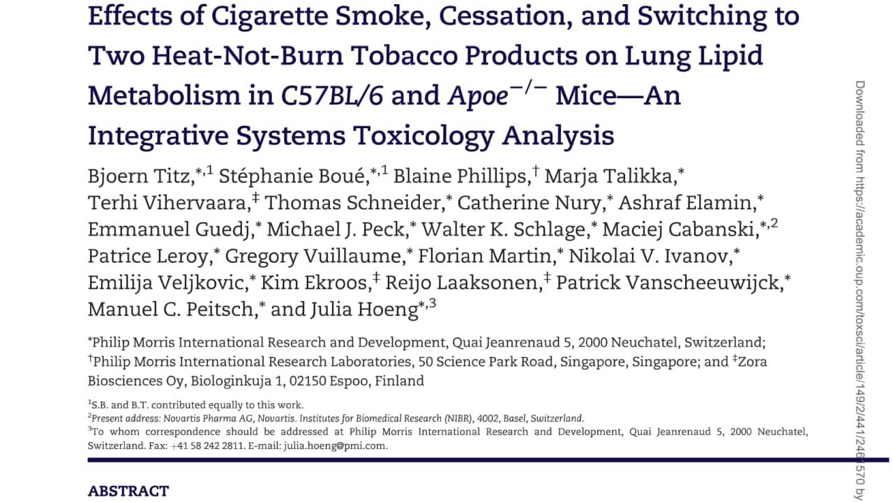 Effects of cigarette smoke, cessation, and switching to two heat-not-burn tobacco products on lung lipid metabolism in C57BL/6 and Apoe−/− mice—An integrative systems toxicology analysis
