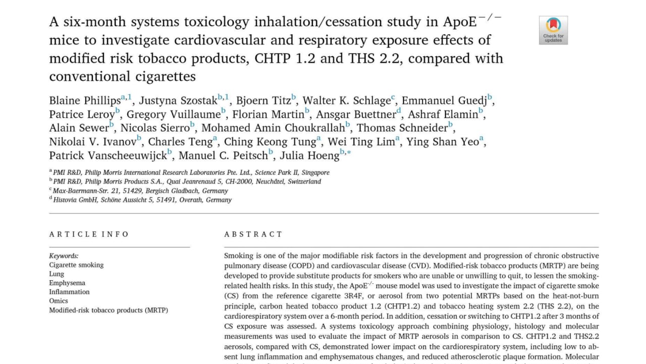 A six-month systems toxicology inhalation/cessation study in ApoE-/- mice to investigate cardiovascular and respiratory exposure effects of Modified Risk Tobacco Products, CHTP1.2 and THS2.2, compared with conventional cigarettes
