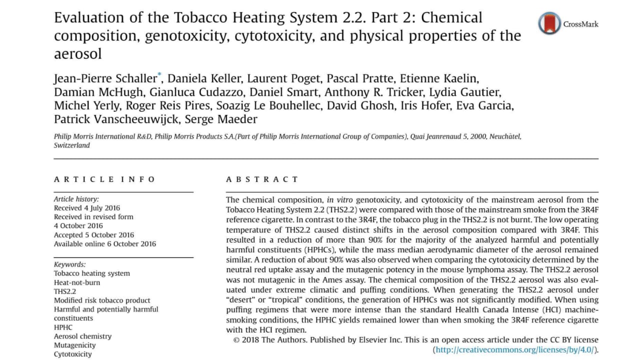 Evaluation of the Tobacco Heating System 2.2. Part 2: Chemical composition, genotoxicity, cytotoxicity, and physical properties of the aerosol