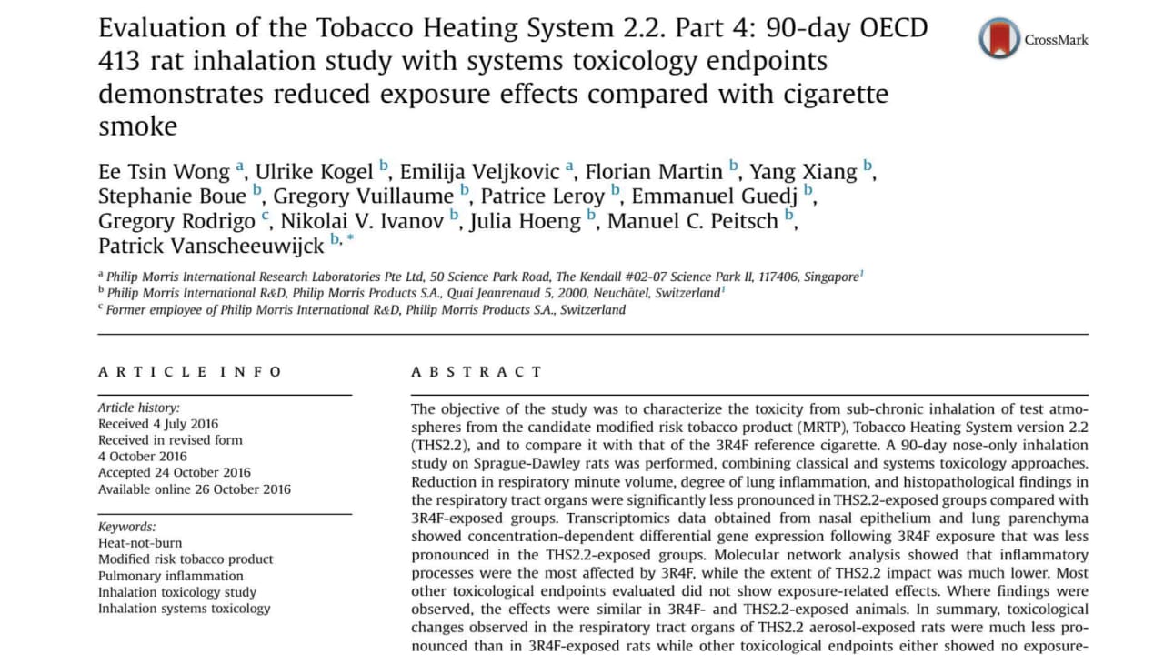Evaluation of the Tobacco Heating System 2.2. Part 4: 90-day OECD 413 rat inhalation study with systems toxicology endpoints demonstrates reduced exposure effects compared with cigarette smoke